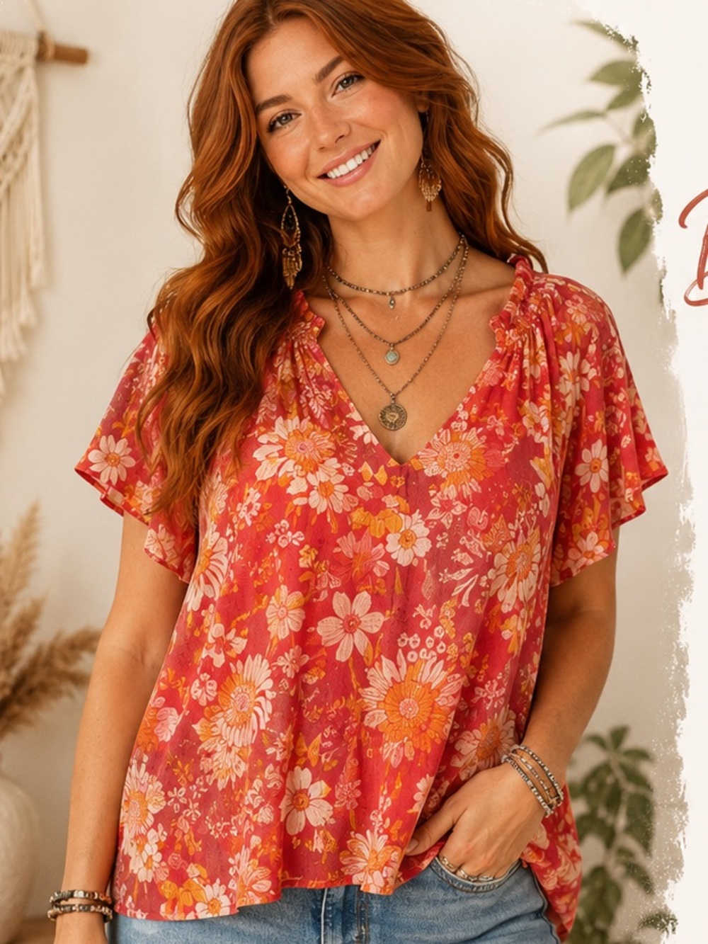 Avara Floral Boho Tunic Top XL | Coral Pink Lightweight Boutique Blouse